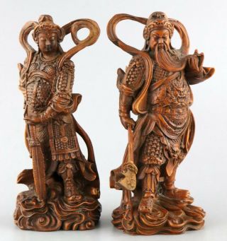 Collectable Antique Boxwood Hand Carve Exorcism Immortal Bring Luck Pair Statue 3