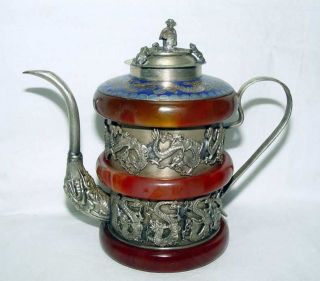China Handwork Decoration Old Tibet Silver Inlay Red Jade Carve Dragon Teapot