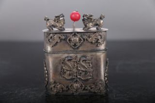 China Old Copper Plating Silver Carved Dragon Tobacco Box Kylin Lid A02