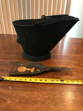 Vintage Black Metal Coal Ash Bucket Pail Primitive Scuttle Bucket With Scoop