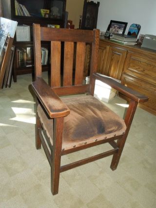 Antique Mission Style Oak Chair With Suede Seat Arts & Crafts Pick Up Only