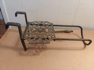 FIREPLACE TRIVET BRASS & STEEL SLIDING POT WARMER SAD IRON STOVE TOASTER ANTIQUE 3