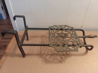 FIREPLACE TRIVET BRASS & STEEL SLIDING POT WARMER SAD IRON STOVE TOASTER ANTIQUE 4