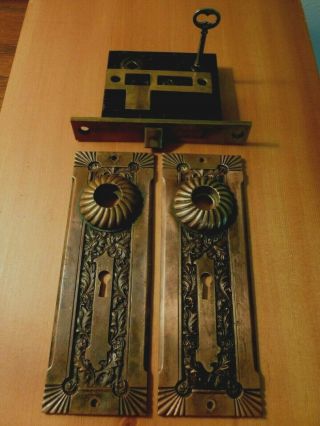 Antique C.  1895 Corbin Solid Bronze Door Plates & Matching Lock Key
