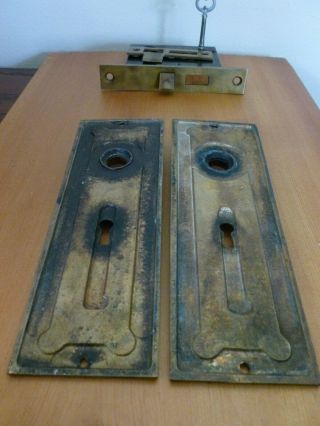 Antique c.  1895 Corbin Solid bronze door plates & matching lock key 4