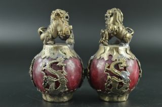 China Old Miao Silver Carve Kylin Dragon Phoenix Inlay Red Jade Pair Statue B01