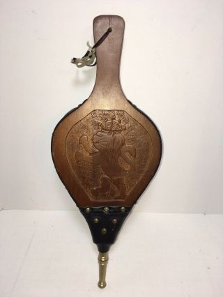 Vintage Carved Wood And Leather Brass Fireplace Bellows Lion Crown 16”