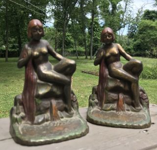 Vintage Art Deco Nude Bookends Brass Plated Cast Metal W/original Paint