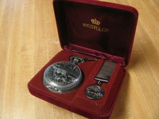 WESTCLOX Pocket Watch 1977 Hunt Scene Buck Dogs 40181 Wind Up Mechanical 2