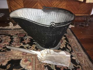 Reeves Vintage Galvanized Metal Ash Can Coal Bucket Shuttle W/ Shovel