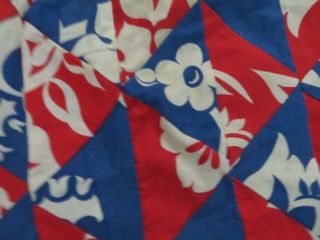 Vintage Hand Pieced Red,  White,  & Blue Quilt Top Cotton Floral
