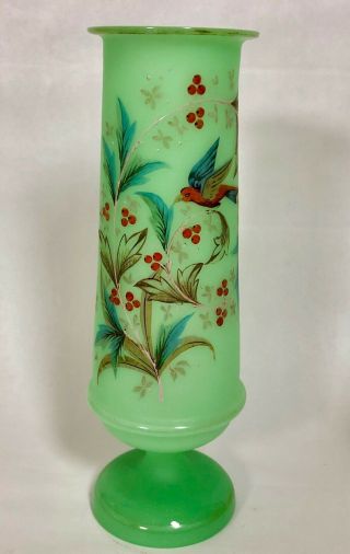 Victorian Bristol Uranium Vaseline Glass Vase Hand Painted Enamel Bird Flowers