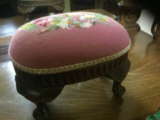 Antique Needlepoint Round Wooden Footstool Flowers Rose Pink