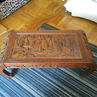 Antique Wood Carved Coffee Table,  Nautical Design,  Glass Top