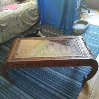 Antique Wood Carved Coffee Table,  Nautical design,  Glass Top 2