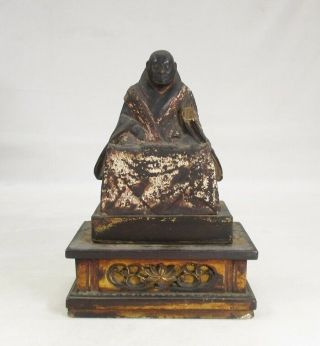 G944: REAL old Japanese wooden statue of great Buddhist monk Nichiren w/ZUSHI 2