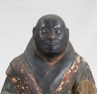 G944: REAL old Japanese wooden statue of great Buddhist monk Nichiren w/ZUSHI 3