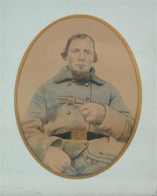 1860s Civil War Soldier Large Photo Crayon Portrait Armed With Pocket Revolver