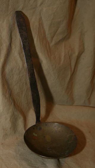 Antique 18th C 4.  5 " Brass Ladle W Wrought Steel? Riveted 13 " Handle