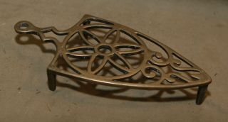 Antique Late 18th Early 19th C Footed Brass Iron Trivet Flower Star Sun Hearth