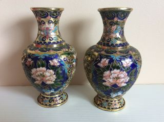Set Of 2 Old Chinese Cloisonné Enamel Multi - Color Floral Vase 8” H