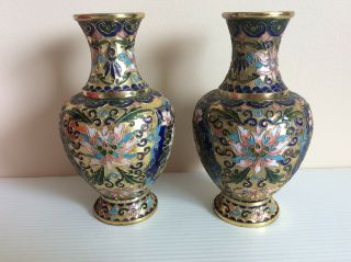 Set of 2 old Chinese cloisonné enamel multi - color floral vase 8” H 2