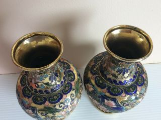 Set of 2 old Chinese cloisonné enamel multi - color floral vase 8” H 5