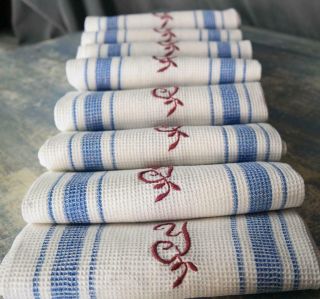 8 X Vintage French Linen Torchons Tea Towels Blue Stripe 