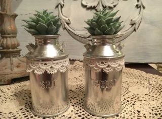 Antique Tin Salt And Pepper Shakers With Faux Succulents 6” Tall Oddities