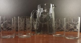 Antique Bird Etched Glass Pitcher & 6 Matching Short Tumbler Glasses 1910 - 1919