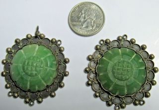 Pair Antique Chinese Jade/jadite Rondel Set In Detailed Silver Plaque