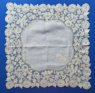 VICTORIAN HONITON LACE HANDKERCHIEF WITH POINT GROUND & MONOGRAM 2