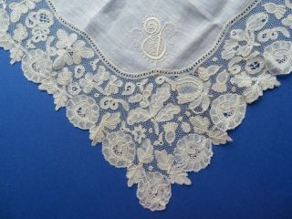 VICTORIAN HONITON LACE HANDKERCHIEF WITH POINT GROUND & MONOGRAM 3