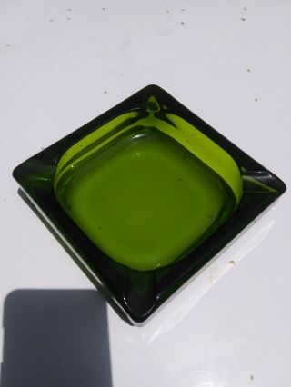 Vintage Mid Century Olive Green Glass Square Ashtray Heavy.  No Chips