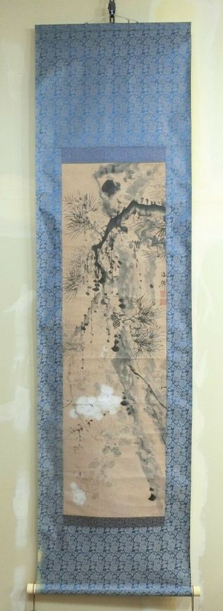 I644: Japanese old hanging scroll.  Pine tree with flower by Famous Kaisen Oda. 2