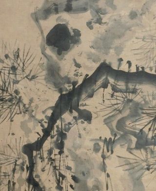 I644: Japanese old hanging scroll.  Pine tree with flower by Famous Kaisen Oda. 3