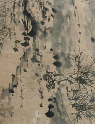 I644: Japanese old hanging scroll.  Pine tree with flower by Famous Kaisen Oda. 5