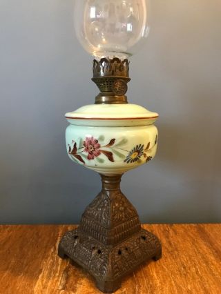 Antique Hand Painted Opaline Oil Lamp Cast Iron Base