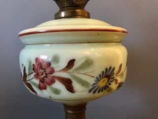 Antique Hand Painted Opaline Oil Lamp Cast Iron Base 5
