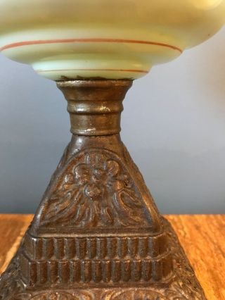 Antique Hand Painted Opaline Oil Lamp Cast Iron Base 7