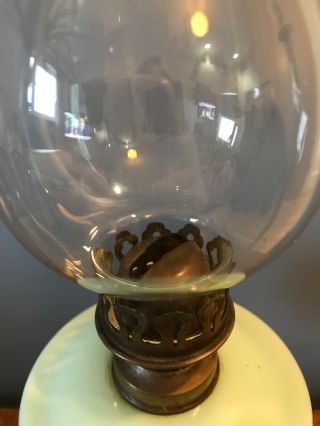 Antique Hand Painted Opaline Oil Lamp Cast Iron Base 8