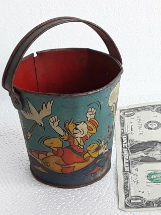 Vtg.  1930s Ohio Art Tin Bucket Sand Pail Donald Duck Disney Productions Antique