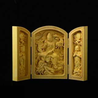 Decorated 100 Boxwood Highly Difficuly Kwan Yin statue Fonlding Box b02 3