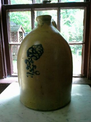 Handled Antique Two Gallon Stoneware Jug With Cobalt Daisy - Unreadable Mark