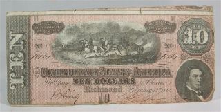 1864 Confederate States Ten Dollar Bill / Currency Note / Type 68 Note