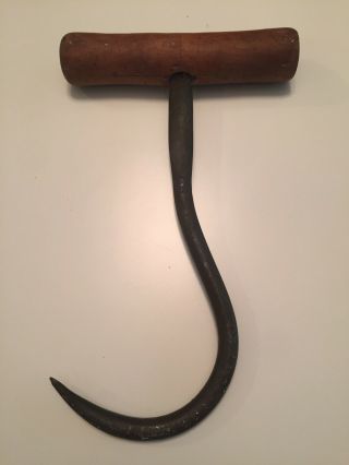 Vintage 1900s Iron Hook With Wooden Handle For Hay Or Ice