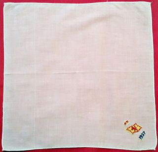 Vintage Embroidery Scotland Flag Red Lion 1937 White Cotton 11 " Handkerchief