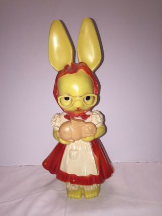 Vintage Knickerbocker Easter Bunny Holding Bunny Bank Hard Plastic