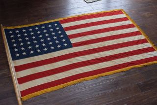 WWII Era 48 Star American Flag / Gold Knotted Fringe / Parade Banner Sewn & Pole 2