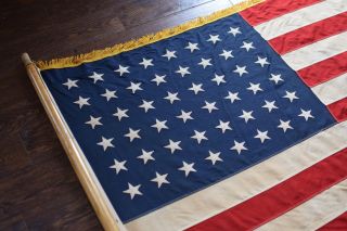 WWII Era 48 Star American Flag / Gold Knotted Fringe / Parade Banner Sewn & Pole 3
